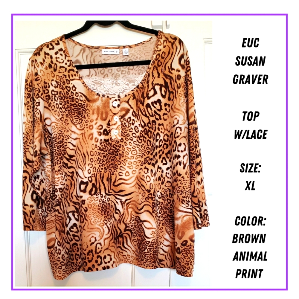 🔥EUC/SUSAN GRAVER TOP W/LACE XL BROWN ANIMAL PRINT